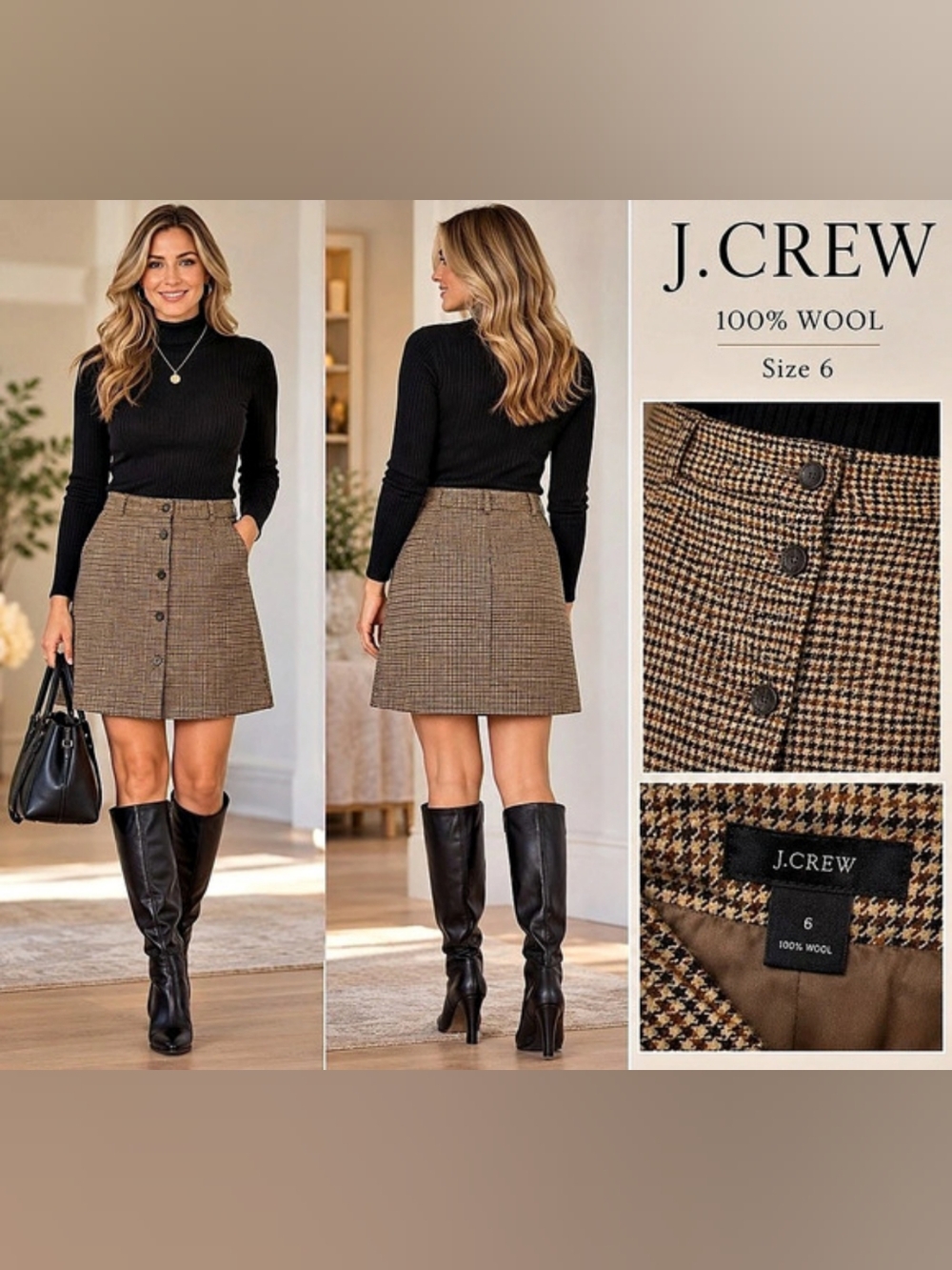 J. Crew 100% Wool Houndstooth Mini Skirt Gray & Black Size 6